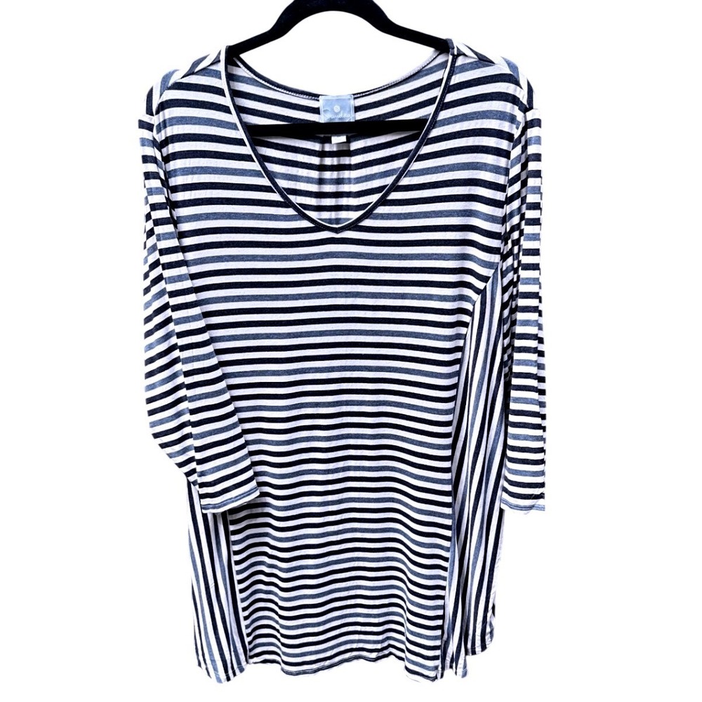 Sunday Women 3X Navy Blue White Striped V-Neck 3/4 Sleeve Knit Tunic Top